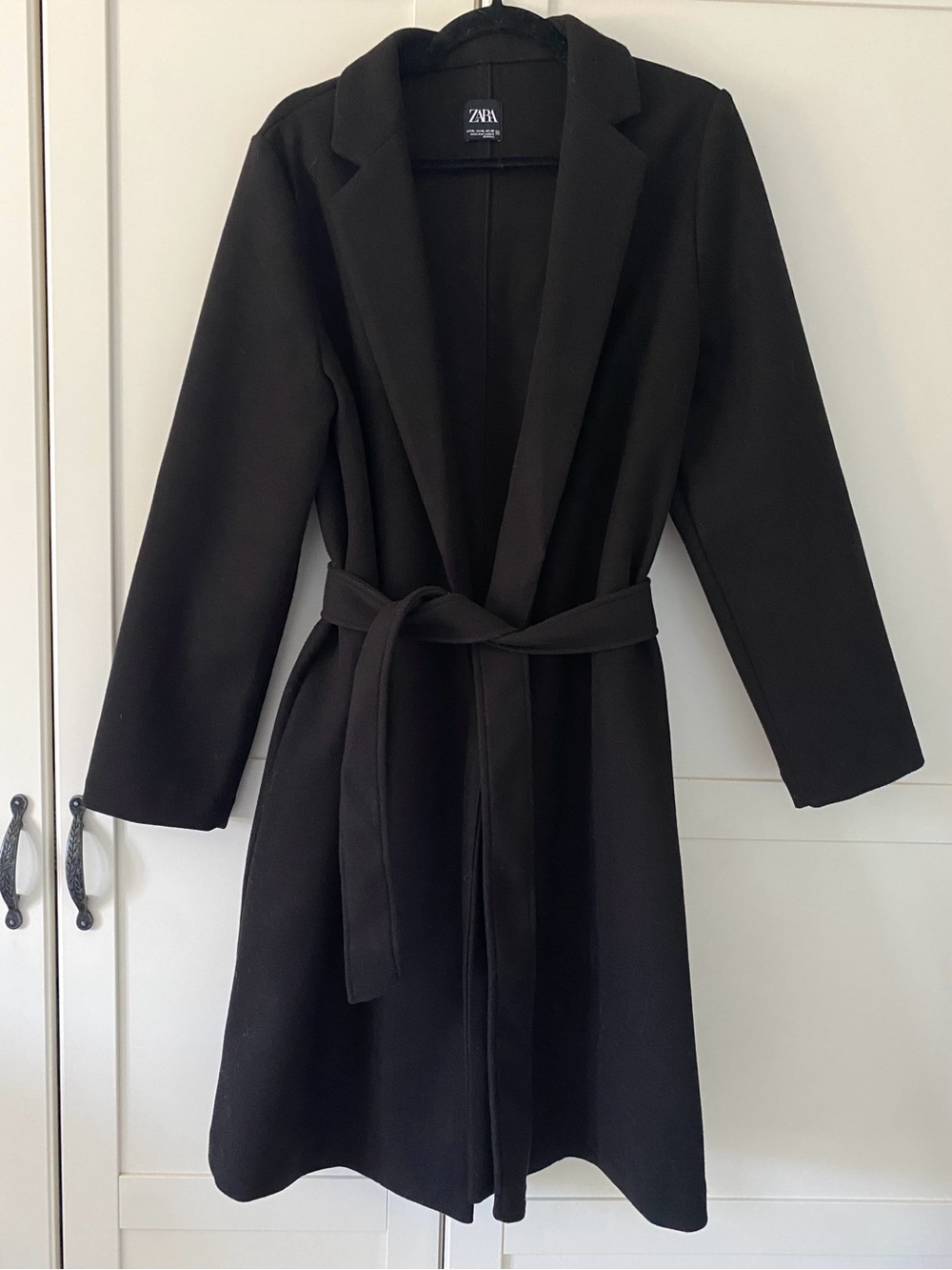 Zara Black Belted Midi Wrap Coat with Pockets | Classic Fall Jacket | Size XL